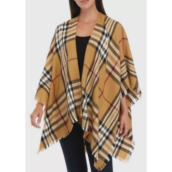 V. FRAAS Faux Fur Collar Tartan Plaid Ruana Fringe Hook Eye Open Poncho Wrap OS - Picture 6 of 9